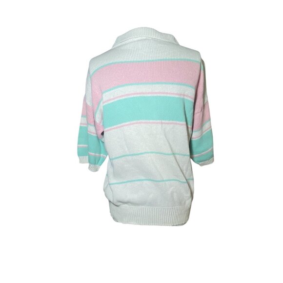 Vintage Striped Knit Collared Sweater White Pink Mint Pastel Size M Retro - Picture 3 of 7